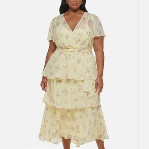 Calvin Klein Yellow Chiffon Tiered Floral dress 16 W